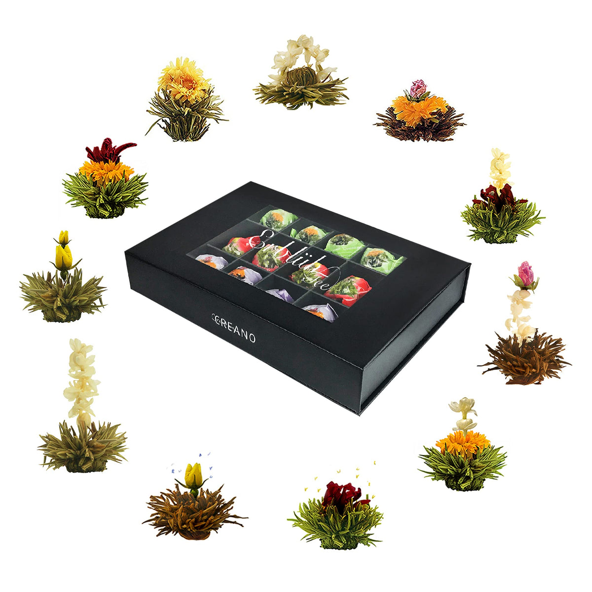 Creano 6 Teeblumen Geschenkbox weißer, schwarzer & grüner Tee in edler Magnetbox mit Silberprägung - 6 verschiedene Sorten - Geschenk zu Weihnachten