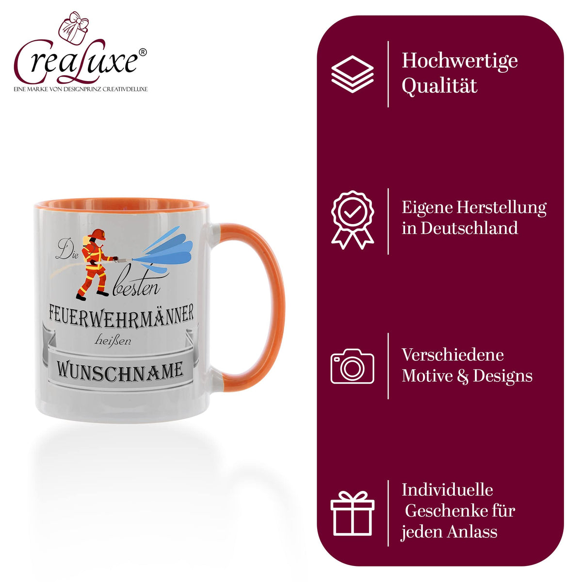 Crealuxe Edelstahltasse mit Karabiner - Die besten Feuerwehrmänner heißen Wunschname - 330ml, Tasse personalisiert, Kaffeetasse, Bürotasse, Metalltasse mit Name