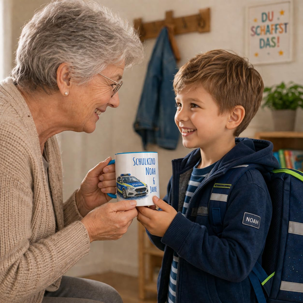 Namenstasse Personalisierte Einschulung Tasse Schulkind 2026 Polizei Motiv mit Wunschname 330ml Keramik spülmaschinenfest Geschenk Schultüte (Feuerwehr)