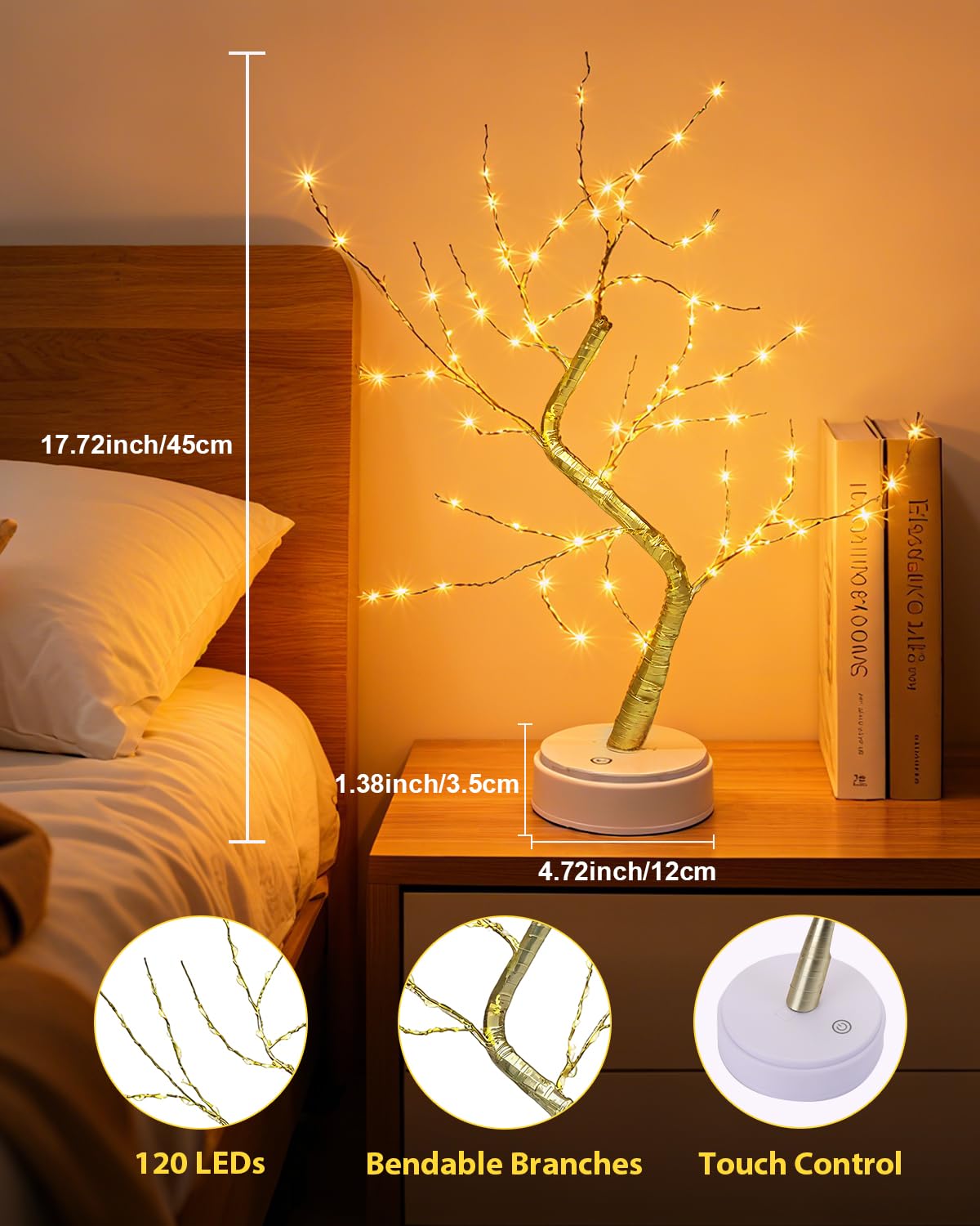 Kinamy LED Baum Lichter, LED Lichterbaum, Baum Licht Warmweiß Verstellbare Äste, 108 LED Baum Lampe Dekobaum Belichtet Baumbeleuchtung Innen Deko,USB/Batteriebetrieben
