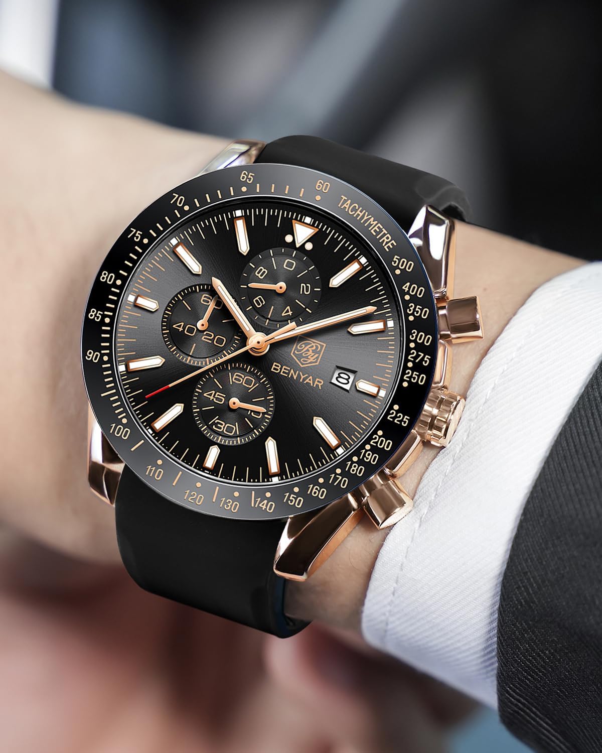 BENYAR Uhren Herren Analog Quarz Chronograph Herrenuhren Wasserdicht Datum Lederband Armbanduhr Lässig Business-Kleid fur Männer Klassische Elegantes Geschenk