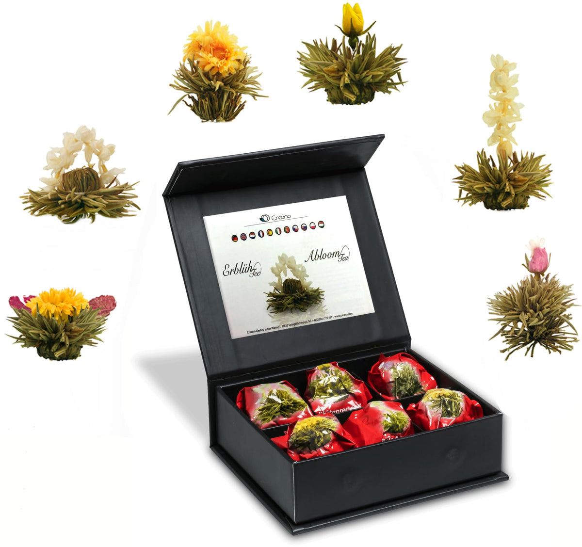 Creano 6 Teeblumen Geschenkbox weißer, schwarzer & grüner Tee in edler Magnetbox mit Silberprägung - 6 verschiedene Sorten - Geschenk zu Weihnachten