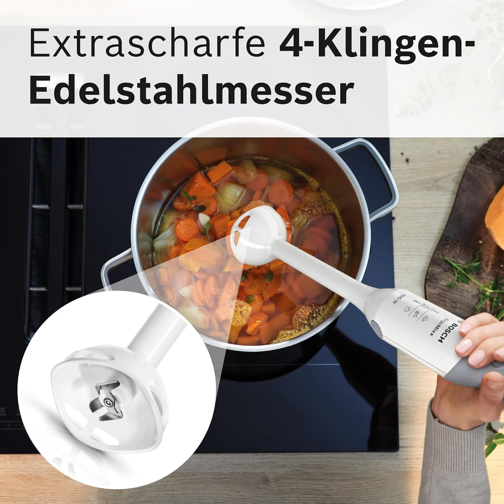 Bosch Stabmixer ErgoMixx, abnehmbarer Mixfuß, mit Mixbecher, 4-Klingen-Messer, Zerkleinerer, ergonomisches Design, 12 Stufen plus Turbo, 600 W, weiß/grau, MSM66020