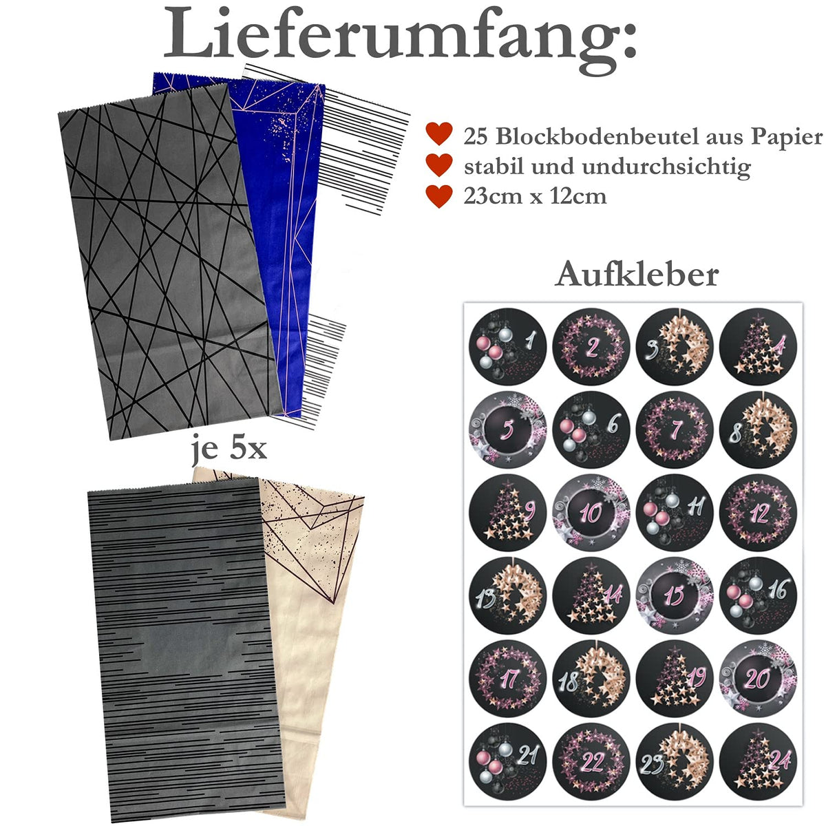 Adventskalender zum Befüllen Weihnachtskalender zum selber Basteln mit großen Tüten Kraftpapier