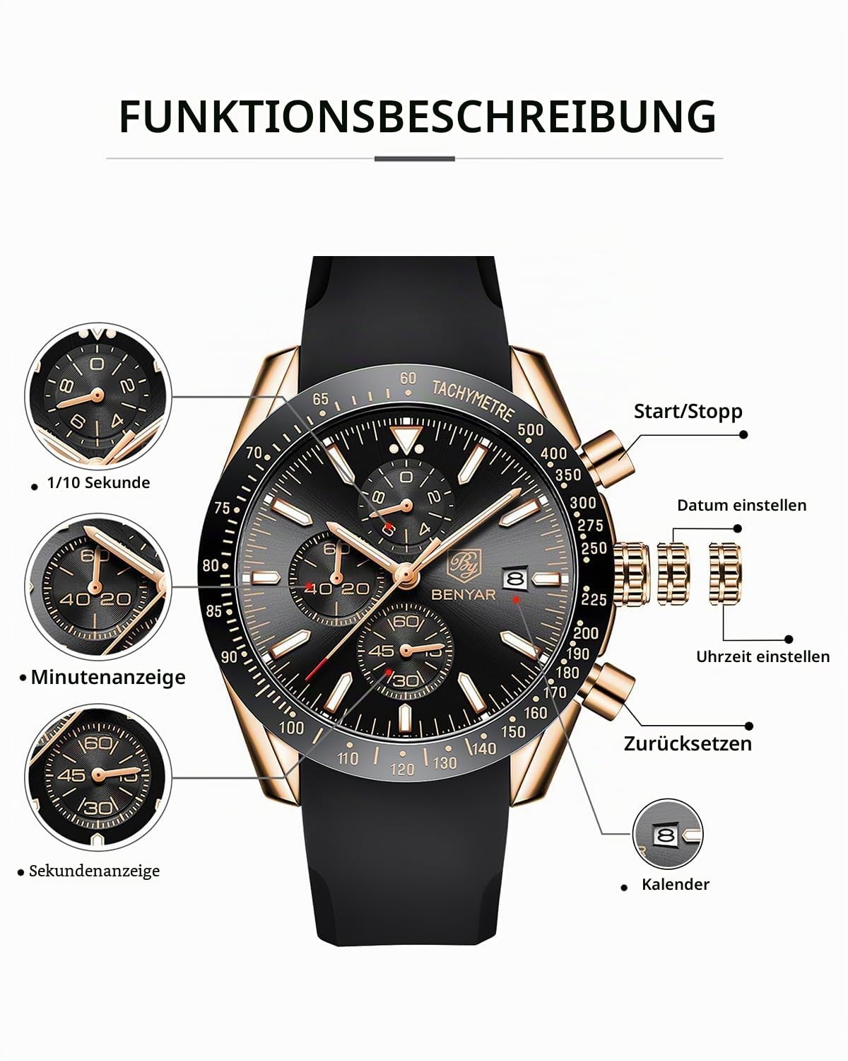 BENYAR Uhren Herren Analog Quarz Chronograph Herrenuhren Wasserdicht Datum Lederband Armbanduhr Lässig Business-Kleid fur Männer Klassische Elegantes Geschenk