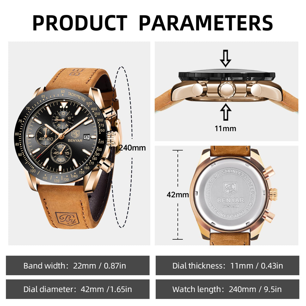 BENYAR Uhren Herren Analog Quarz Chronograph Herrenuhren Wasserdicht Datum Lederband Armbanduhr Lässig Business-Kleid fur Männer Klassische Elegantes Geschenk