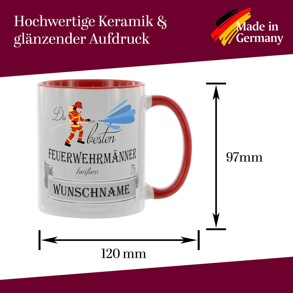 Crealuxe Edelstahltasse mit Karabiner - Die besten Feuerwehrmänner heißen Wunschname - 330ml, Tasse personalisiert, Kaffeetasse, Bürotasse, Metalltasse mit Name