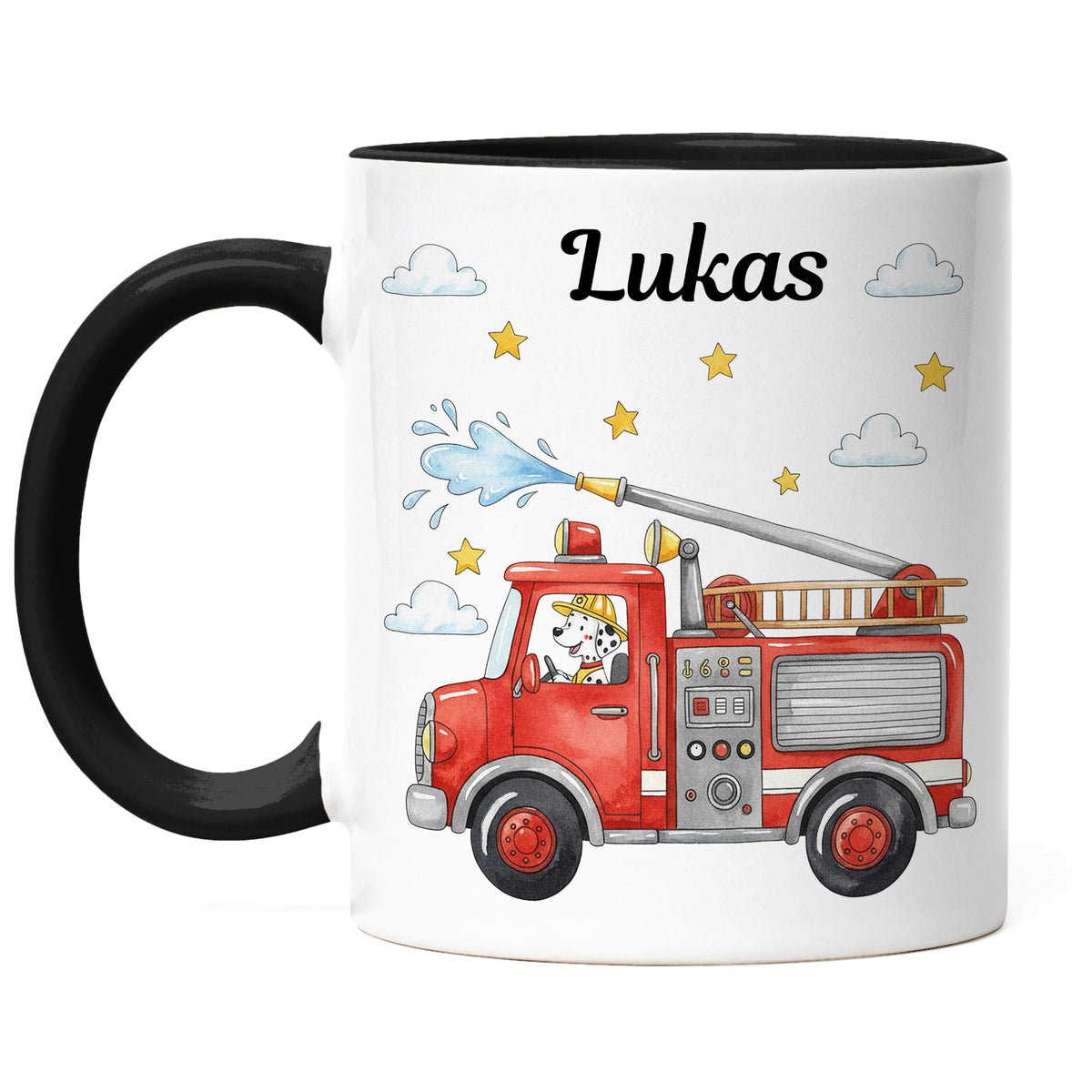 Kiddle-Design Feuerwehr Tasse Kinder Personalisiert mit Name - Kinderbecher für Kindergarten, Kita - Kindertasse mit Feuerwehrauto und Feuerwehrmann als Trinkbecher, Zahnputzbecher - Tasse Schwarz