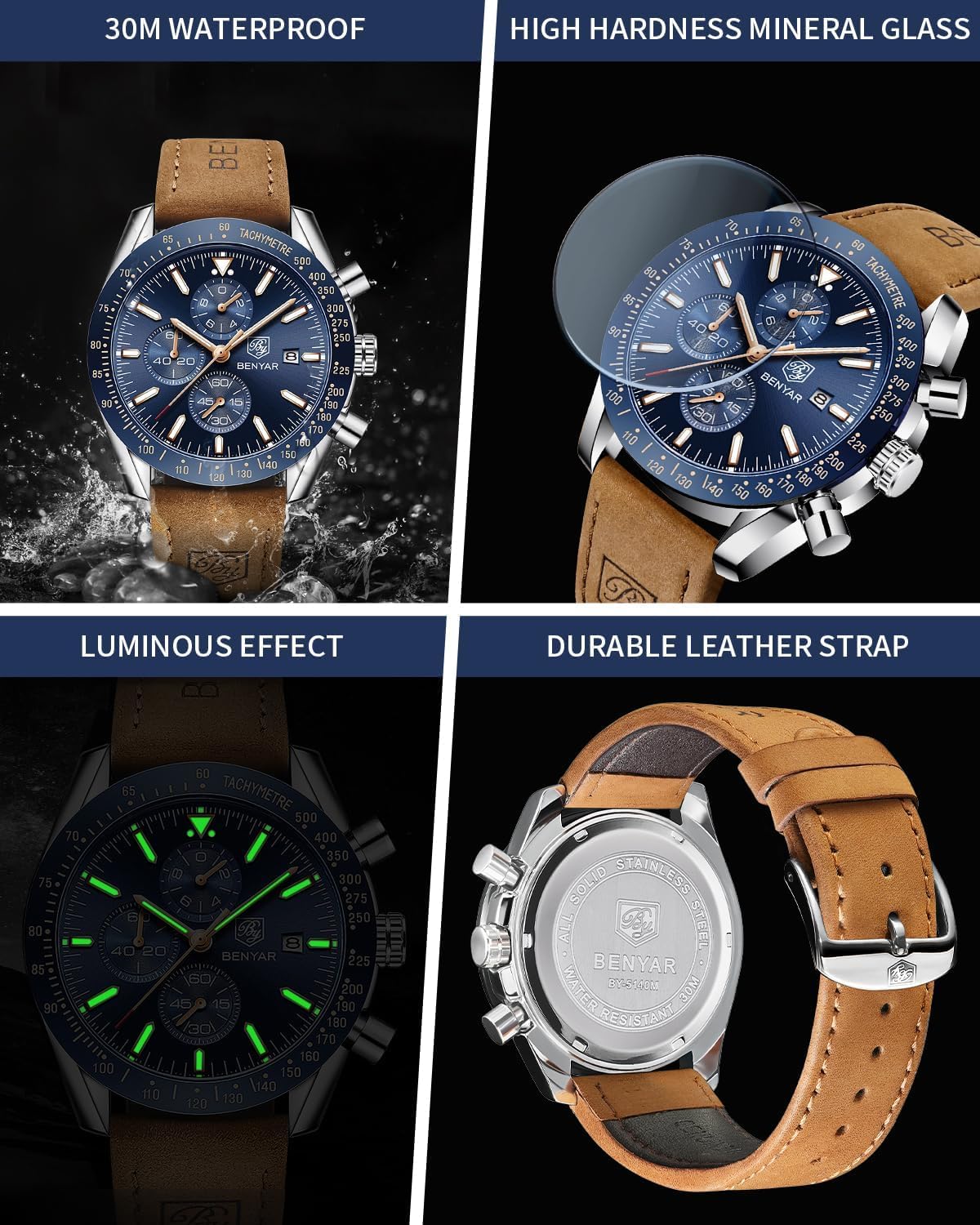BENYAR Uhren Herren Analog Quarz Chronograph Herrenuhren Wasserdicht Datum Lederband Armbanduhr Lässig Business-Kleid fur Männer Klassische Elegantes Geschenk