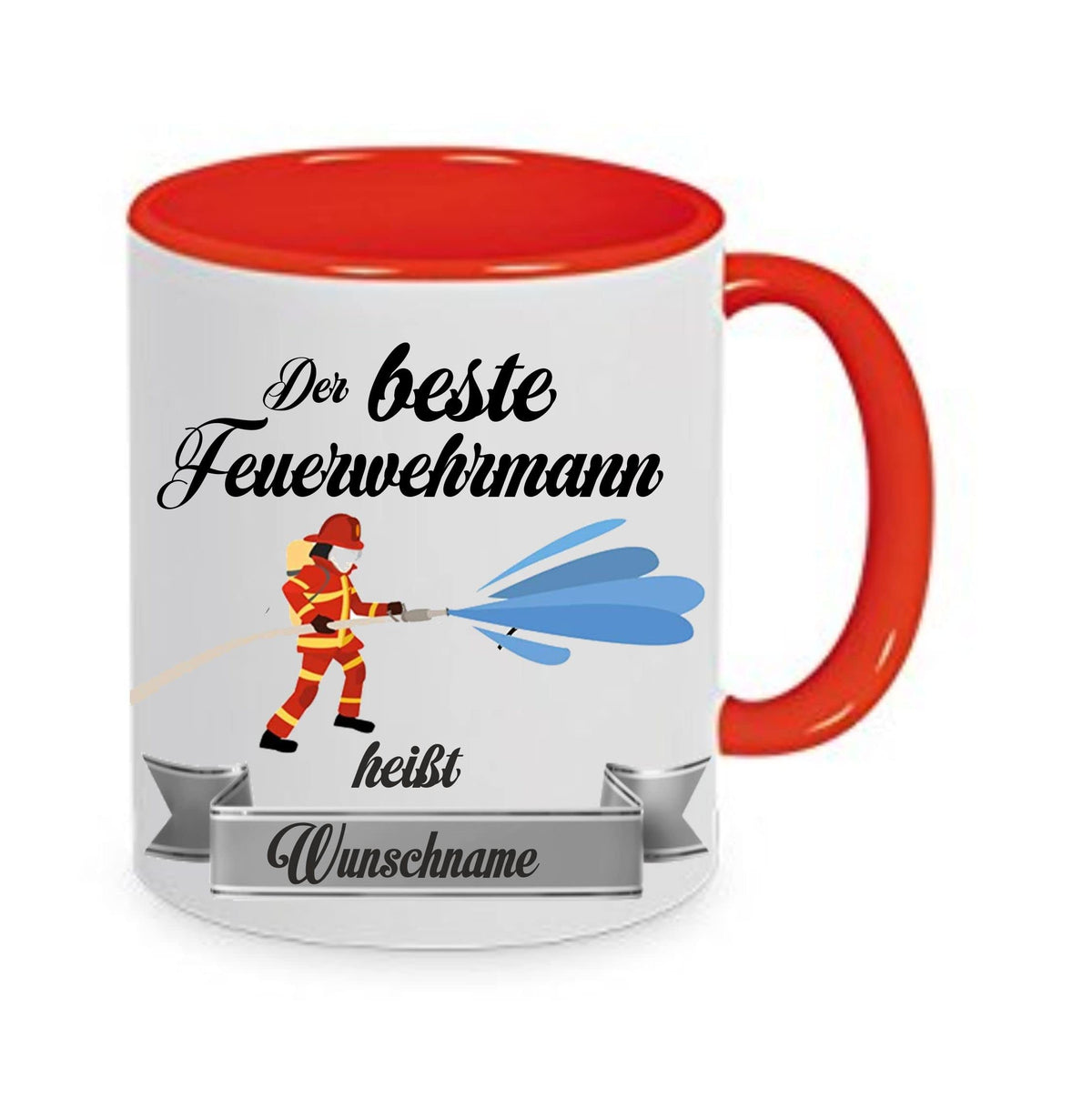 Crealuxe Edelstahltasse mit Karabiner - Der Beste Feuerwehrmann heißt Wunschname - 330ml, Tasse personalisiert, Kaffeetasse, Bürotasse, Metalltasse mit Name