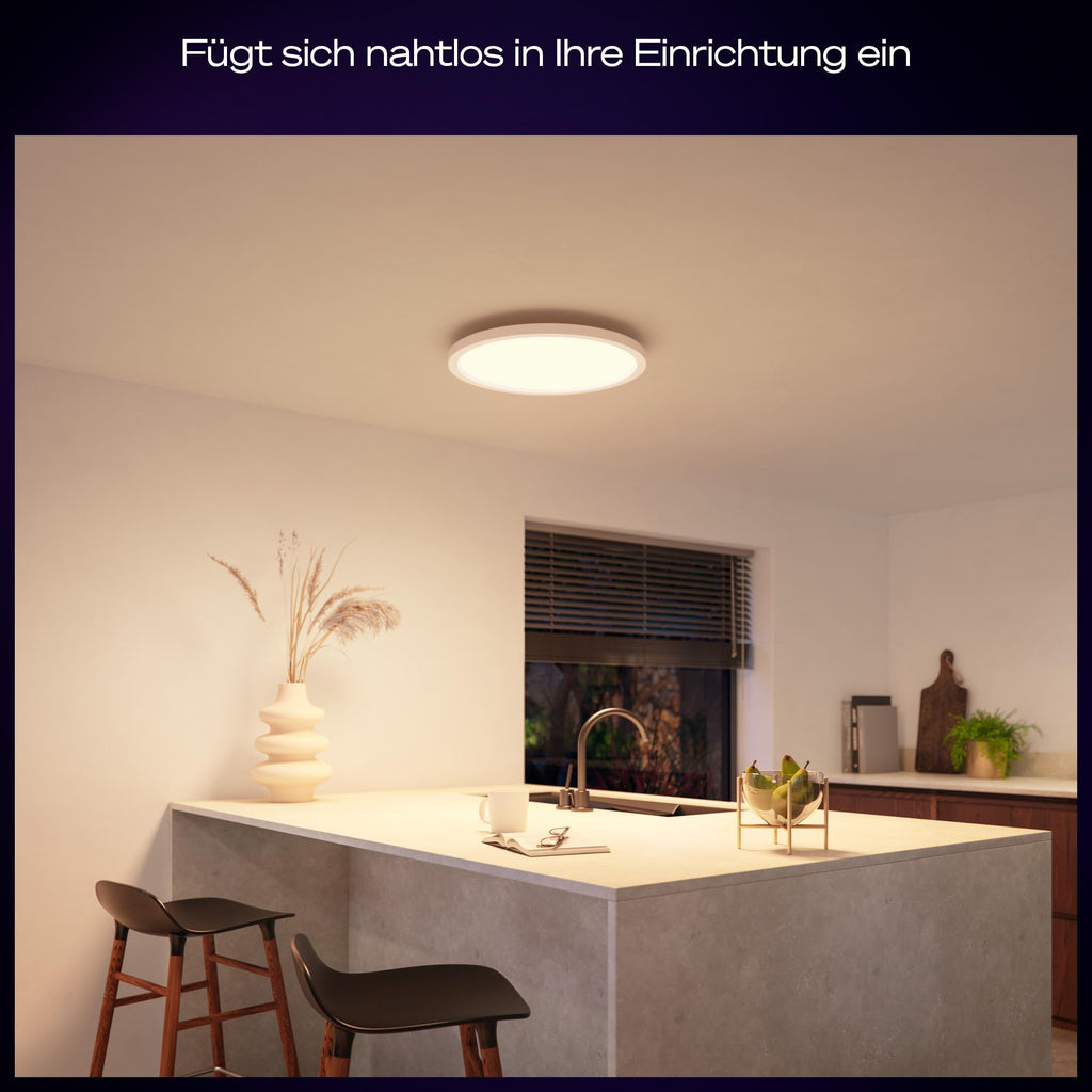 Philips Hue Devote Smart LED-Panel-Licht, weißes und farbiges Ambiente, rund 43 cm, 23 W, 2900 Lumen, weißer Rahmen für Innenbeleuchtung, Decke, Wohnzimmer, Küche, Flur