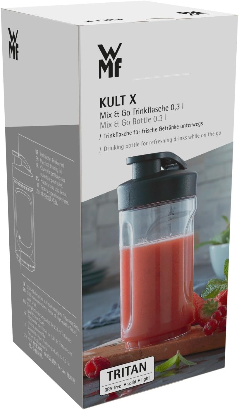 WMF Kult X Mix & Go – Smoothie Maker & Mixer, kompakter Standmixer 300 W mit 0,6 L Tritan-Flasche, 4 Edelstahlklingen, Sicherheitsabschaltung, Shake Mixer aus Cromargan Edelstahl, Deep Black