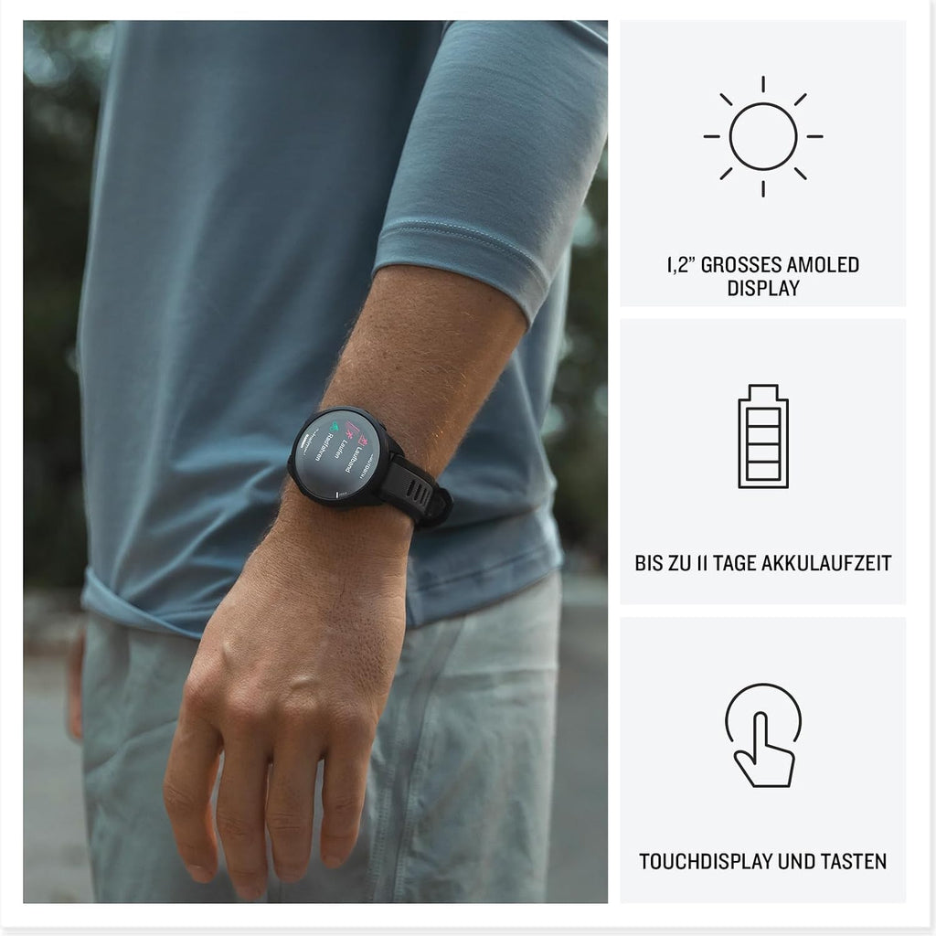 Garmin Forerunner 165 43mm - Lauf-Smartwatch, 1,2" AMOLED Touchscreen, bis zu 11 Tage Akkulaufzeit, 25+ Sport-Apps, Trainingsempfehlungen, Gesundheitsdaten, smarten Funktionen