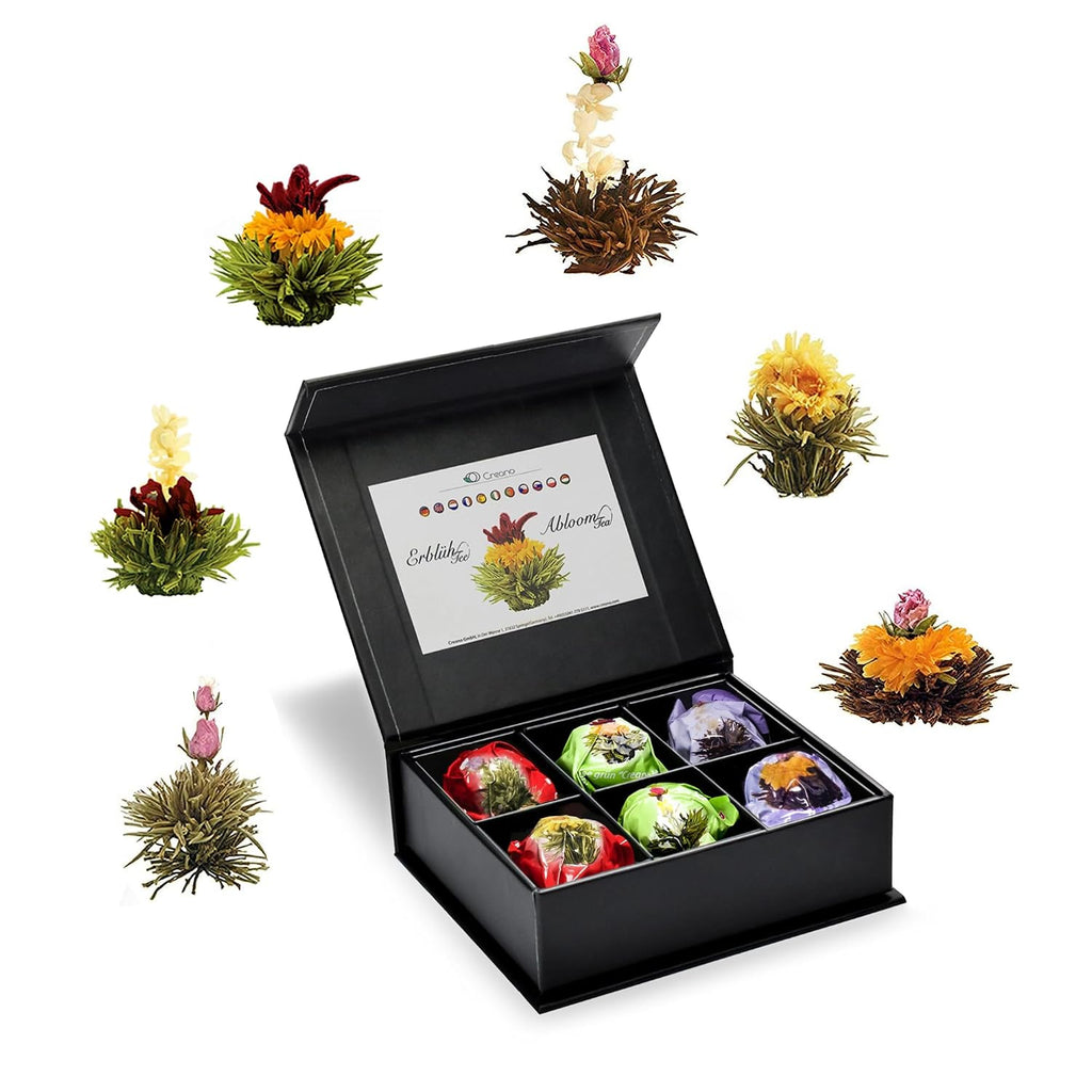 Creano 6 Teeblumen Geschenkbox weißer, schwarzer & grüner Tee in edler Magnetbox mit Silberprägung - 6 verschiedene Sorten - Geschenk zu Weihnachten