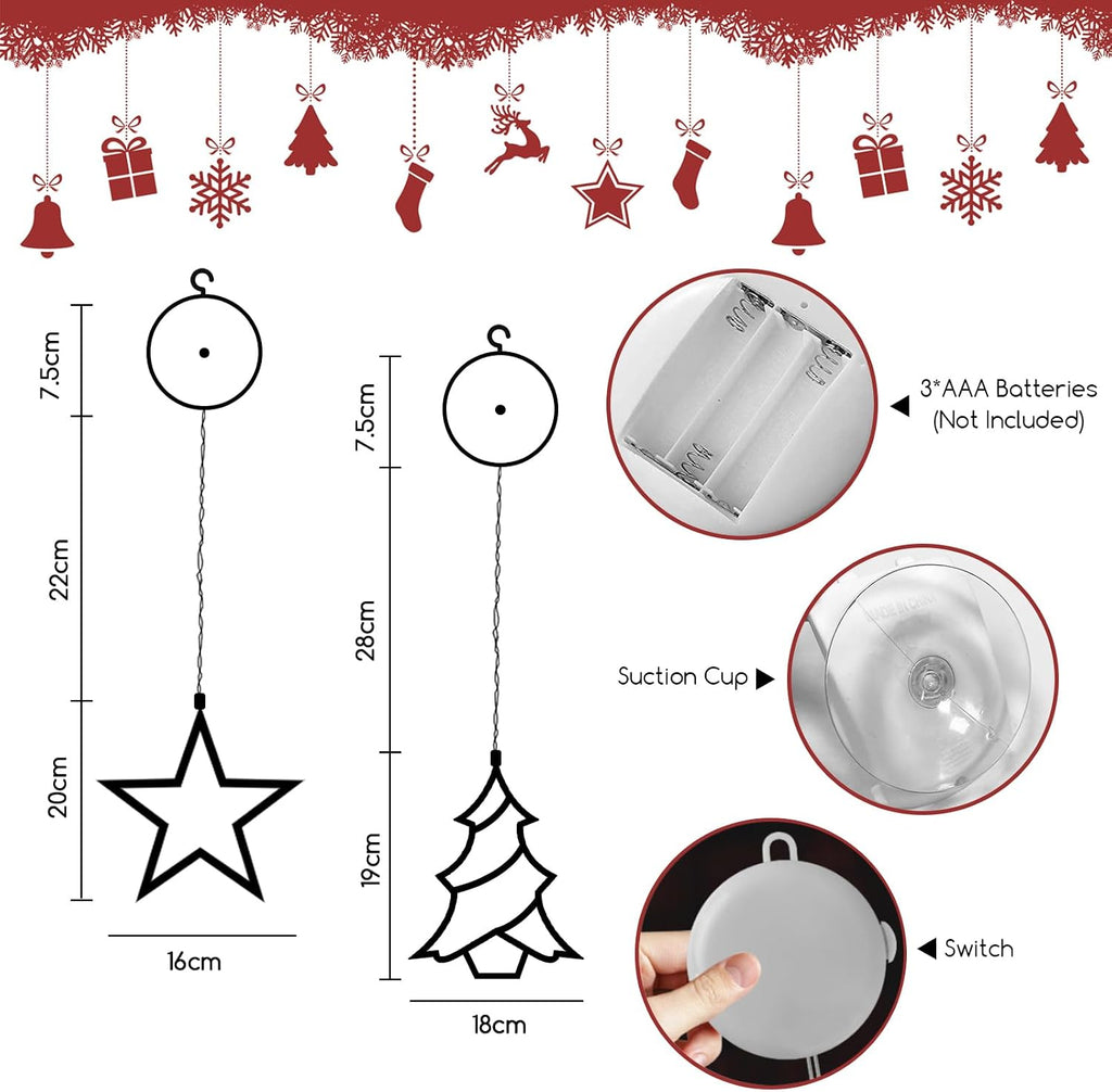 Jsdoin Stern Weihnachtsbaum Weihnachtsbeleuchtung, LED Weihnachtsdeko Fenster Lichter, Beleuchtet mit Batteriebetriebene, Timer, Lichterkette für Weihnachten Deko, Balkon (Stern und Weihnachtsbaum)