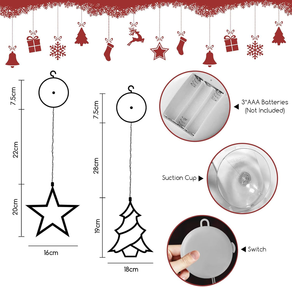 Jsdoin Stern Weihnachtsbaum Weihnachtsbeleuchtung, LED Weihnachtsdeko Fenster Lichter, Beleuchtet mit Batteriebetriebene, Timer, Lichterkette für Weihnachten Deko, Balkon (Stern und Weihnachtsbaum)