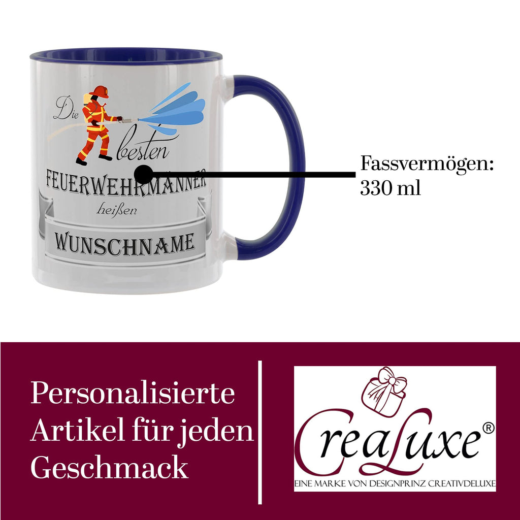Crealuxe Edelstahltasse mit Karabiner - Die besten Feuerwehrmänner heißen Wunschname - 330ml, Tasse personalisiert, Kaffeetasse, Bürotasse, Metalltasse mit Name
