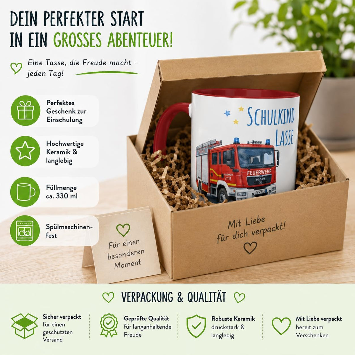 Namenstasse Personalisierte Einschulung Tasse Schulkind 2026 Polizei Motiv mit Wunschname 330ml Keramik spülmaschinenfest Geschenk Schultüte (Feuerwehr)