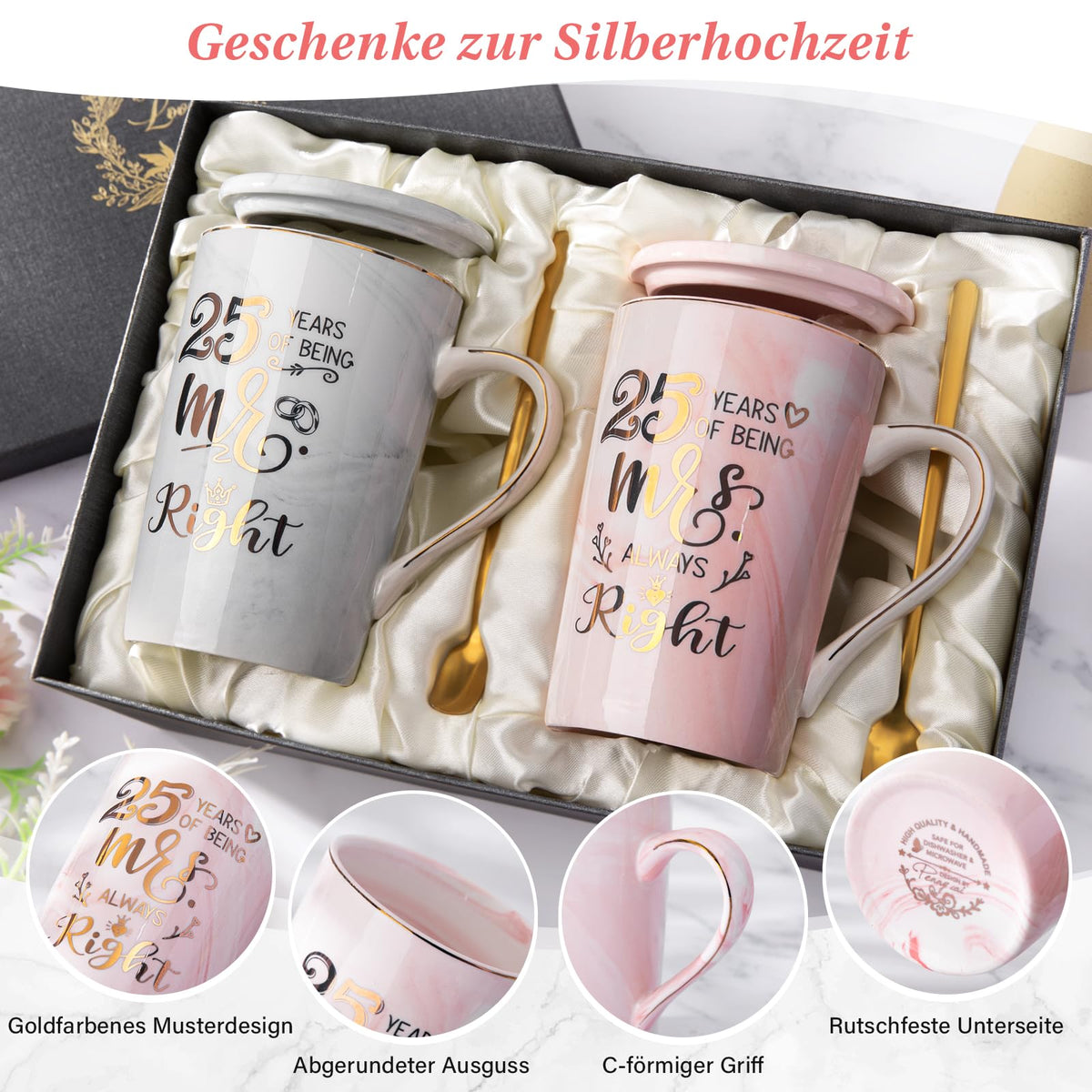 Hochzeitsgeschenke für Brautpaar, Mr und Mrs Geschenk für Braut und Bräutigam, Geschenk Hochzeit, Jubiläumsgeschenk, Kaffeetassen Tassen Set Keramik Marmor 14 Oz für Hochzeit, Verlobungen