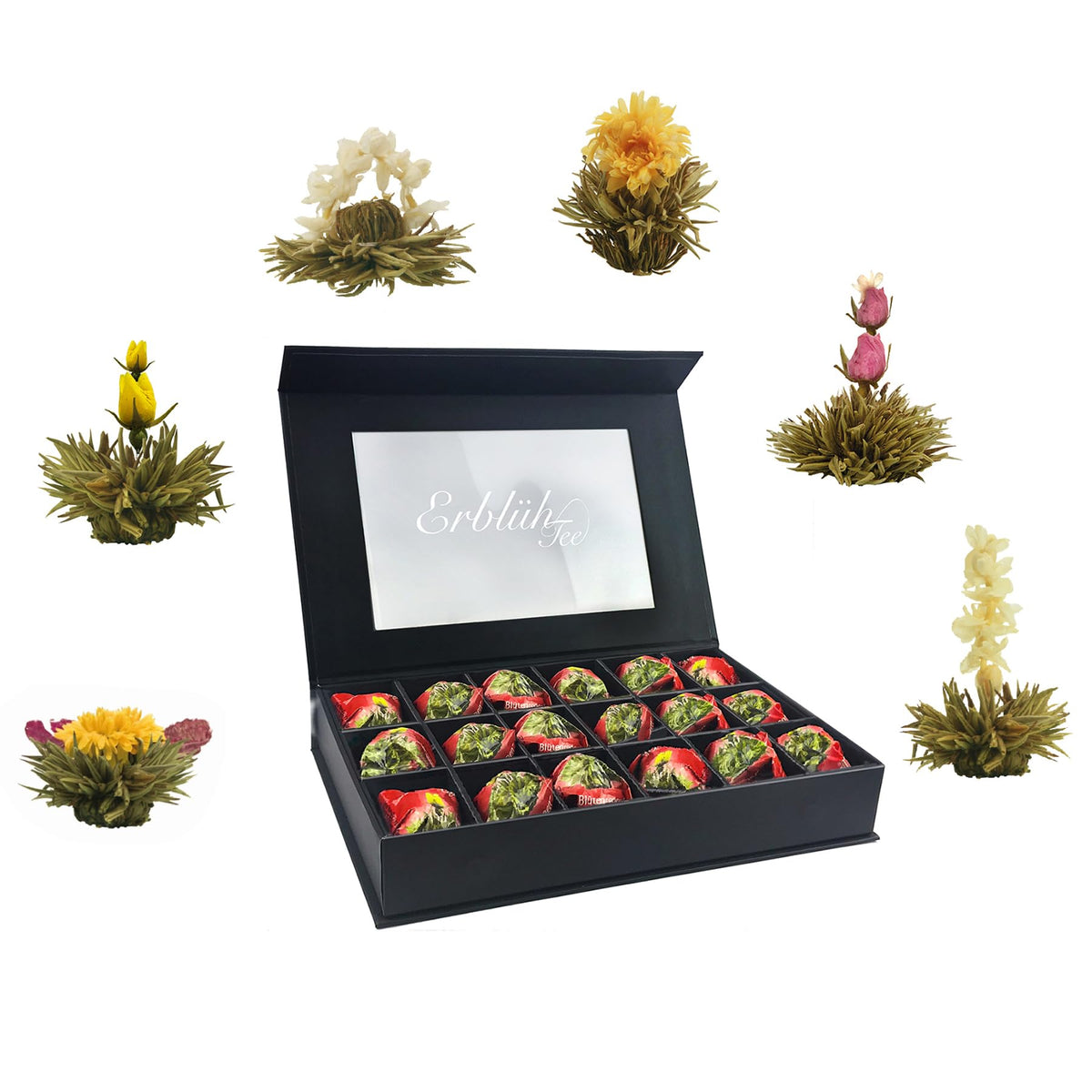 Creano 6 Teeblumen Geschenkbox weißer, schwarzer & grüner Tee in edler Magnetbox mit Silberprägung - 6 verschiedene Sorten - Geschenk zu Weihnachten