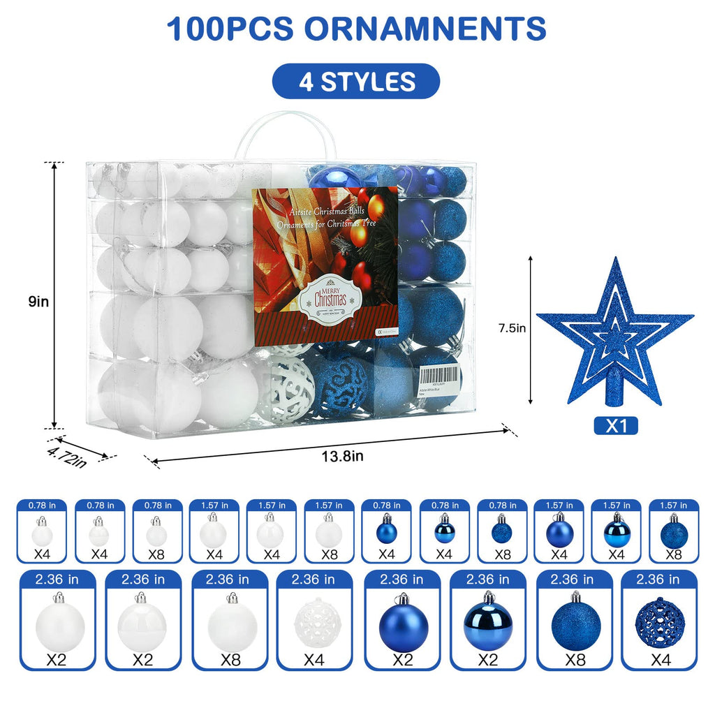 Aitsite 101 Stück Christbaumkugeln Blau Weihnachtskugeln 6CM/4 cm/2 cm Kunststoff Christbaumschmuck Wandbehang Ornamente Weihnachtsbaum Kugeln Flitter Tür Dekorationen Festival Dekore