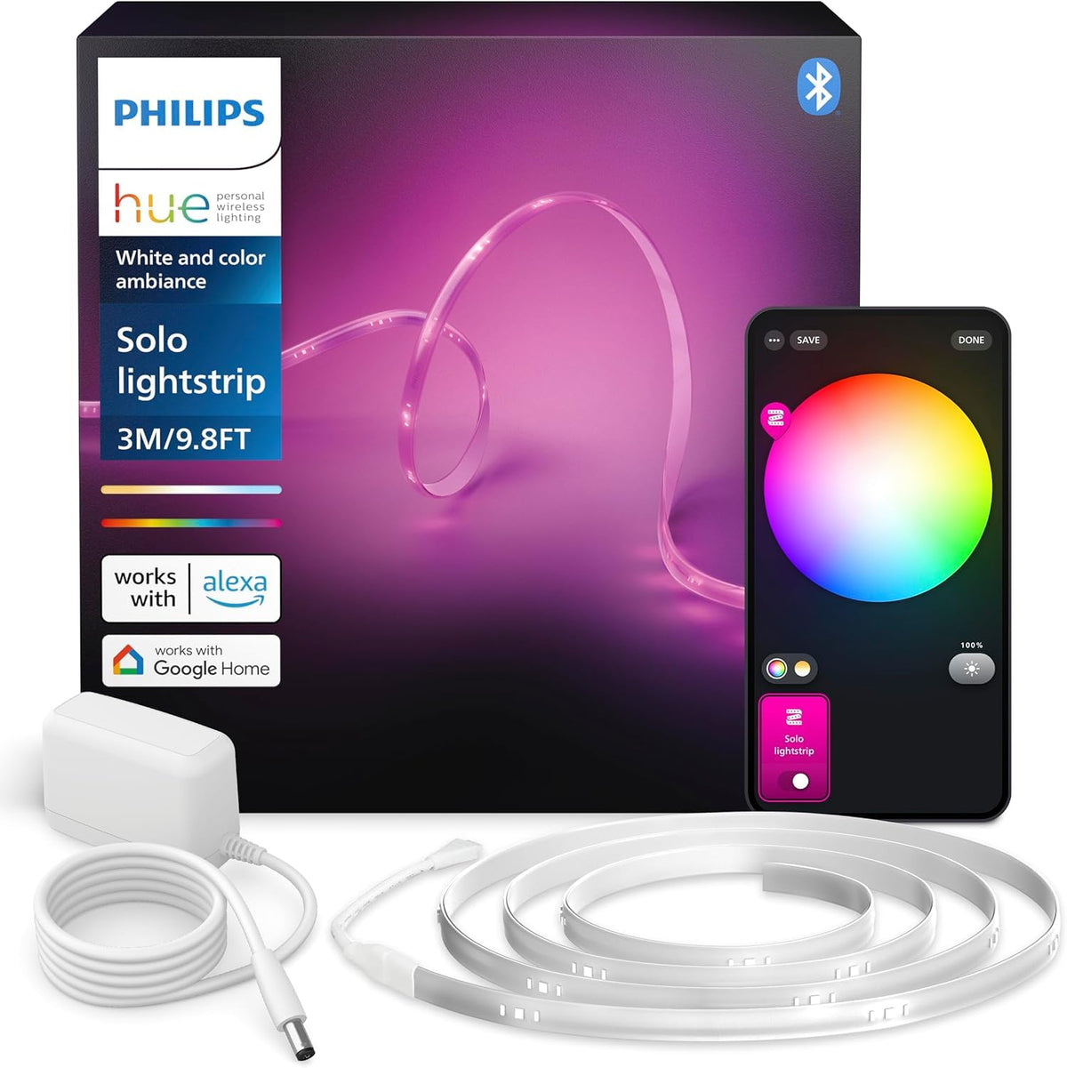 Philips Hue Indoor 10m Smart LED Solo Lightstrip Basis-Set, 1er-Pack, indirekte Beleuchtung mit der Hue App steuerbar, LED Streifen funktioniert mit Alexa, Google Assistant und Apple HomeKit