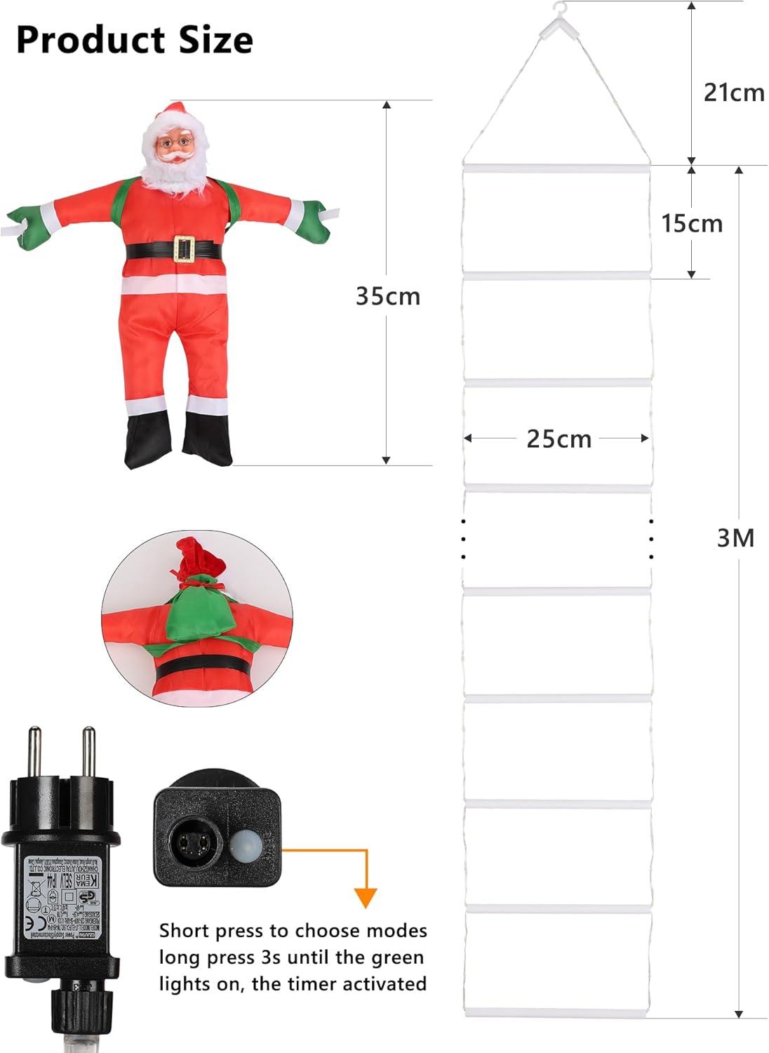 Geemoo LED Weihnachtsmann Leiter Lichterkette - 3 Meter LED Weihnachtsbeleuchtung Strombetrieben mit Timer, Speicherfunktion, 8 Modi, für Innen Außen Weihnachtsbaum Fenster Weihnachten Deko (Warmweiß)