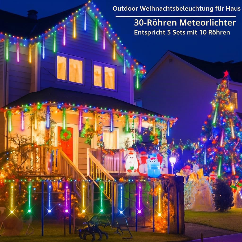 Kwaiffeo Weihnachtsdeko,10 Röhren LED Meteorschauer Lichterkette Außen, Wasserdichte Fallende Regen Lichter für Weihnachten Halloween Weihnachtsbaum Hochzeit Garten Fenster, Mehrfarbig