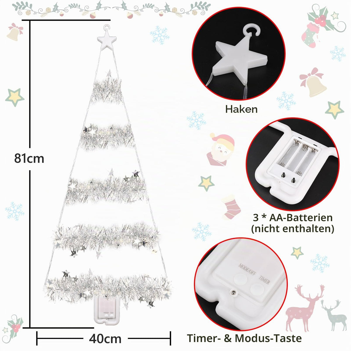 Geemoo LED Weihnachtsmann Leiter Lichterkette - 3 Meter LED Weihnachtsbeleuchtung Strombetrieben mit Timer, Speicherfunktion, 8 Modi, für Innen Außen Weihnachtsbaum Fenster Weihnachten Deko (Warmweiß)