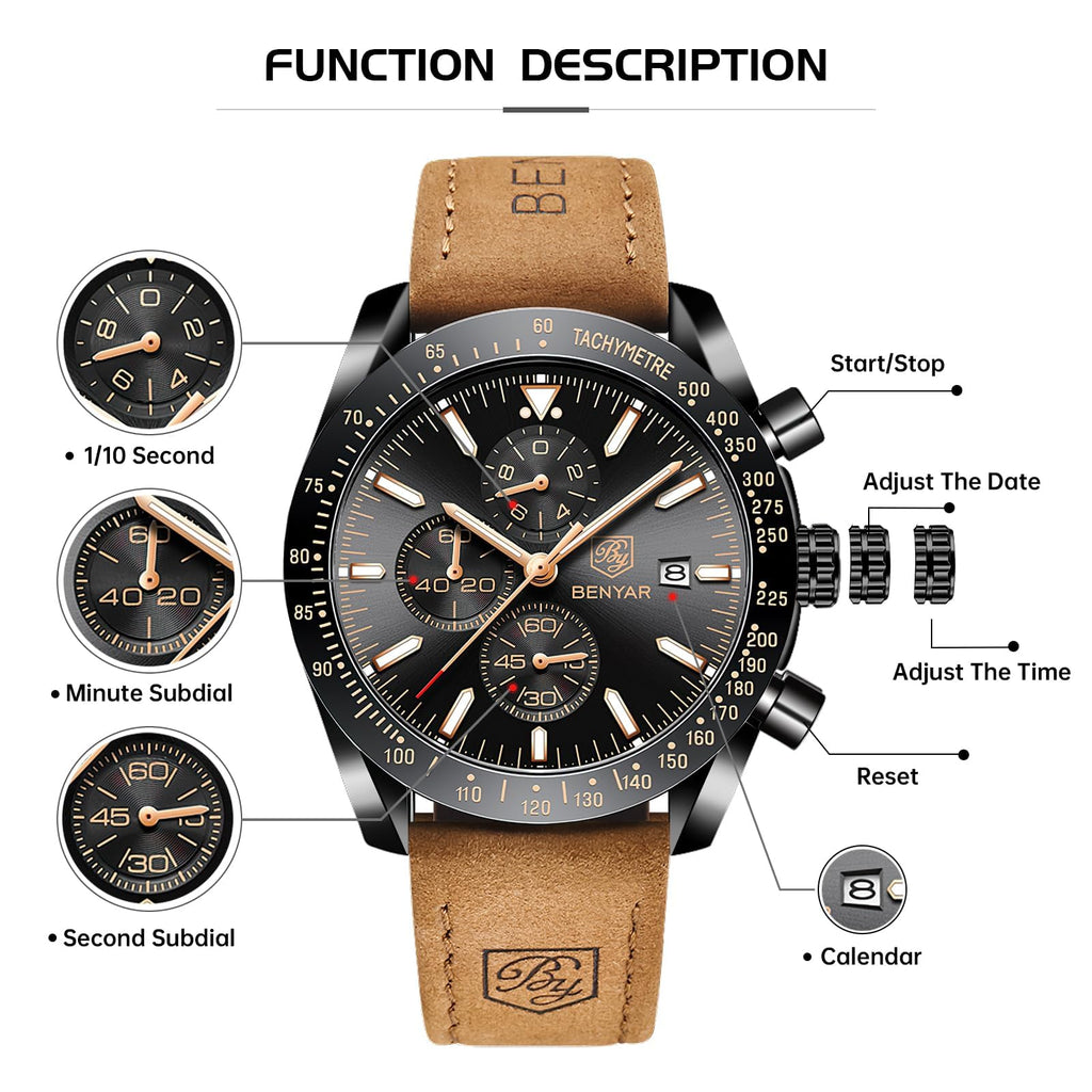 BENYAR Uhren Herren Analog Quarz Chronograph Herrenuhren Wasserdicht Datum Lederband Armbanduhr Lässig Business-Kleid fur Männer Klassische Elegantes Geschenk