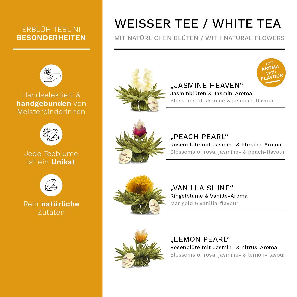 Creano 6 Teeblumen Geschenkbox weißer, schwarzer & grüner Tee in edler Magnetbox mit Silberprägung - 6 verschiedene Sorten - Geschenk zu Weihnachten