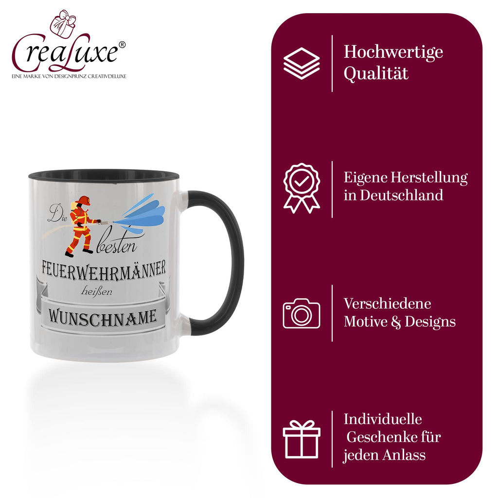 Crealuxe Edelstahltasse mit Karabiner - Die besten Feuerwehrmänner heißen Wunschname - 330ml, Tasse personalisiert, Kaffeetasse, Bürotasse, Metalltasse mit Name