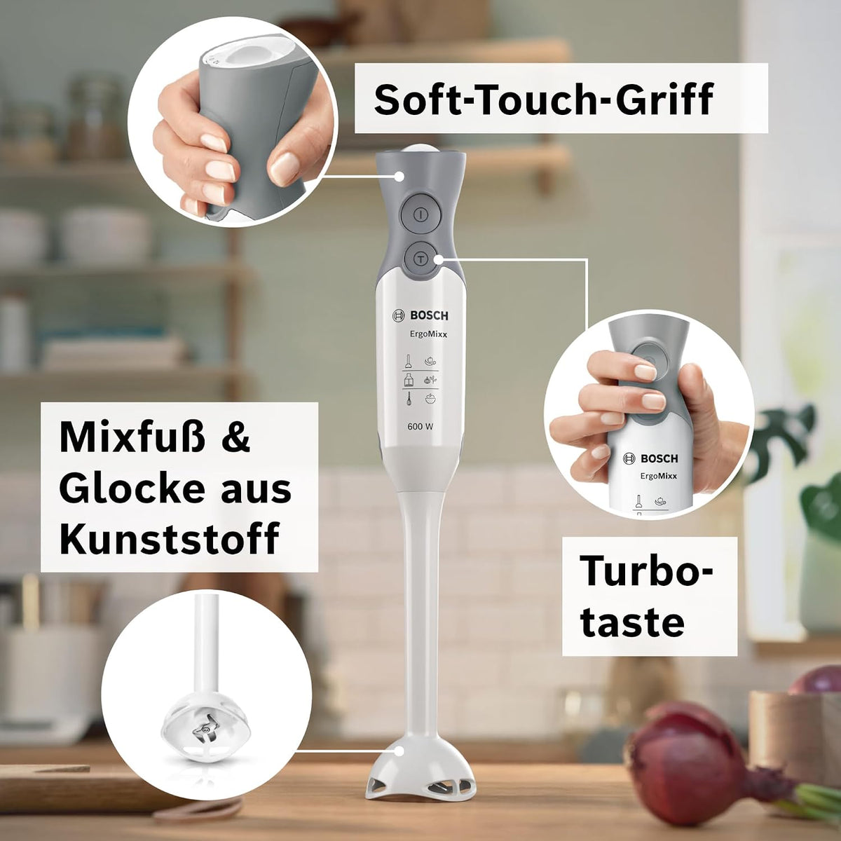 Bosch Stabmixer ErgoMixx, abnehmbarer Mixfuß, mit Mixbecher, 4-Klingen-Messer, Zerkleinerer, ergonomisches Design, 12 Stufen plus Turbo, 600 W, weiß/grau, MSM66020