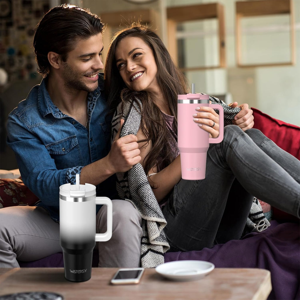 WATERSY 1.2L Thermobecher mit 2 Strohhalmen, Trinkbecher Auslaufsicherer Kaffeebecher To Go Vakuum-Isoliert mit BPA frei Schraubdeckel, Trinkflasche Kühlt 12 Stunden,Tiefseelndigo