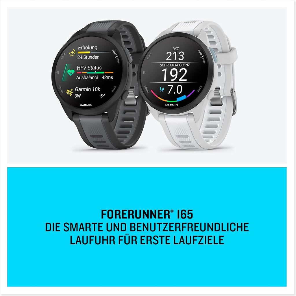 Garmin Forerunner 165 43mm - Lauf-Smartwatch, 1,2" AMOLED Touchscreen, bis zu 11 Tage Akkulaufzeit, 25+ Sport-Apps, Trainingsempfehlungen, Gesundheitsdaten, smarten Funktionen