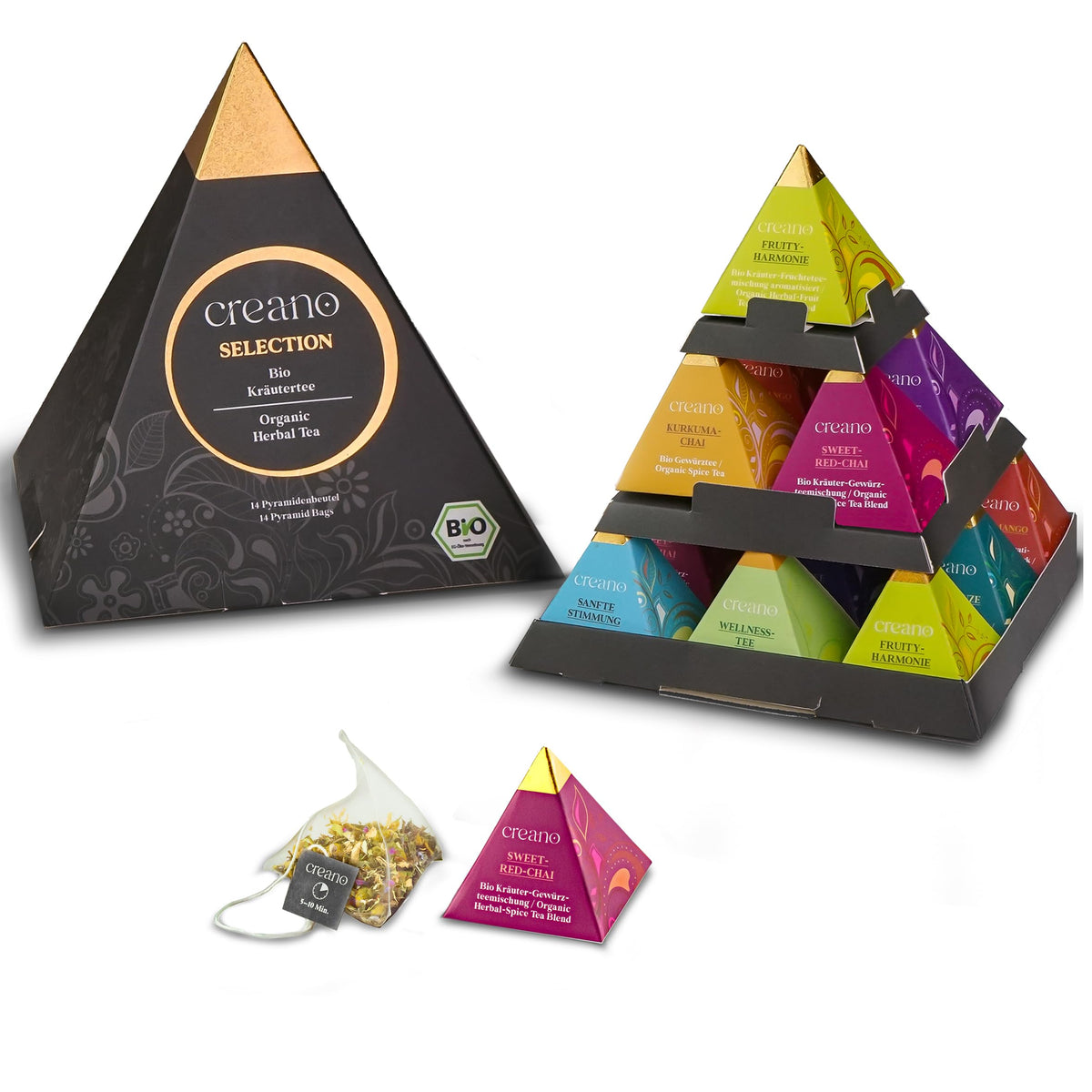 Creano Premium Bio Kräutertee Geschenkset „ORGANIC HERBAL TEA“ - 9 Pyramiden-Teebeutel in 9 unterschiedlichen Sorten - 22,5g - NEUHEIT 2024*