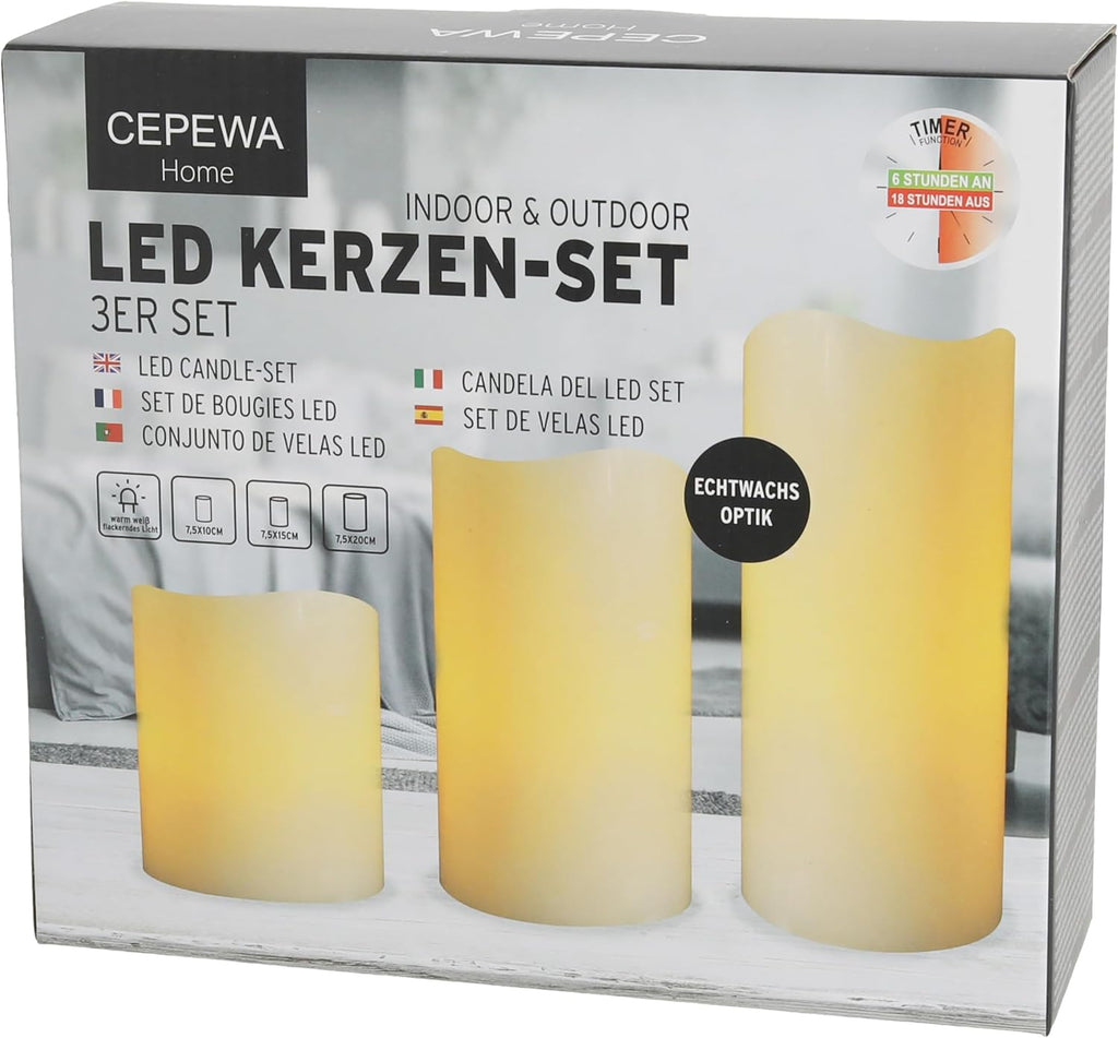 3er Set LED Kerzen Echtwachs-Optik Outdoor | 3 Größen Kunststoff elfenbein | Flackerfunktion warmweiß inkl. 5h Timer batteriebetrieben