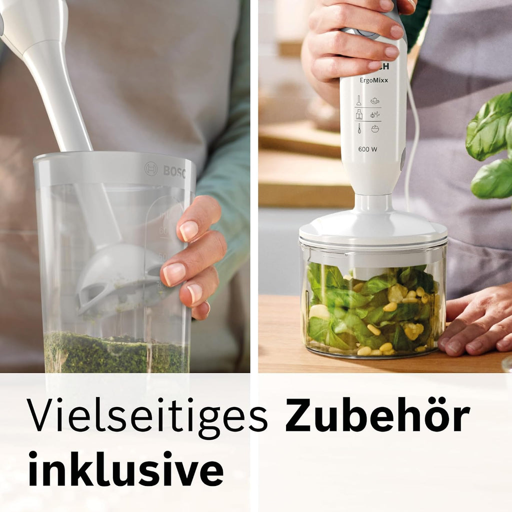 Bosch Stabmixer ErgoMixx, abnehmbarer Mixfuß, mit Mixbecher, 4-Klingen-Messer, Zerkleinerer, ergonomisches Design, 12 Stufen plus Turbo, 600 W, weiß/grau, MSM66020