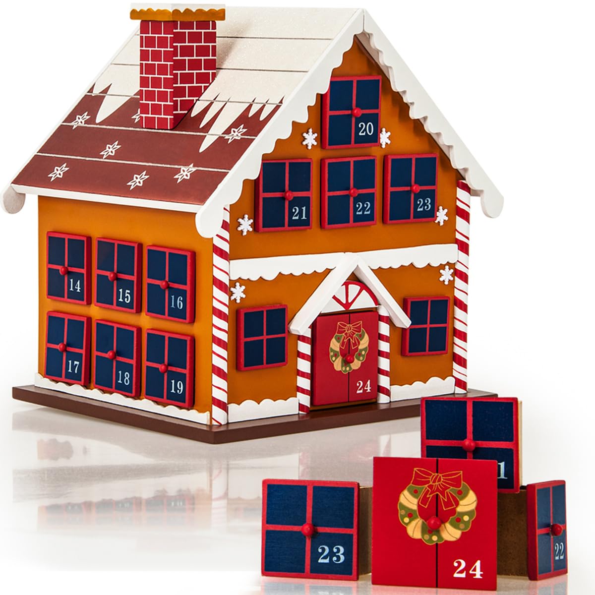 SPIELWERK® Adventskalender Winterlandschaft zum Befüllen wiederverwendbar 24 Türchen Bunt Bemalt Weihnachten Kinder DIY weihnachtliche Holz Dekoration