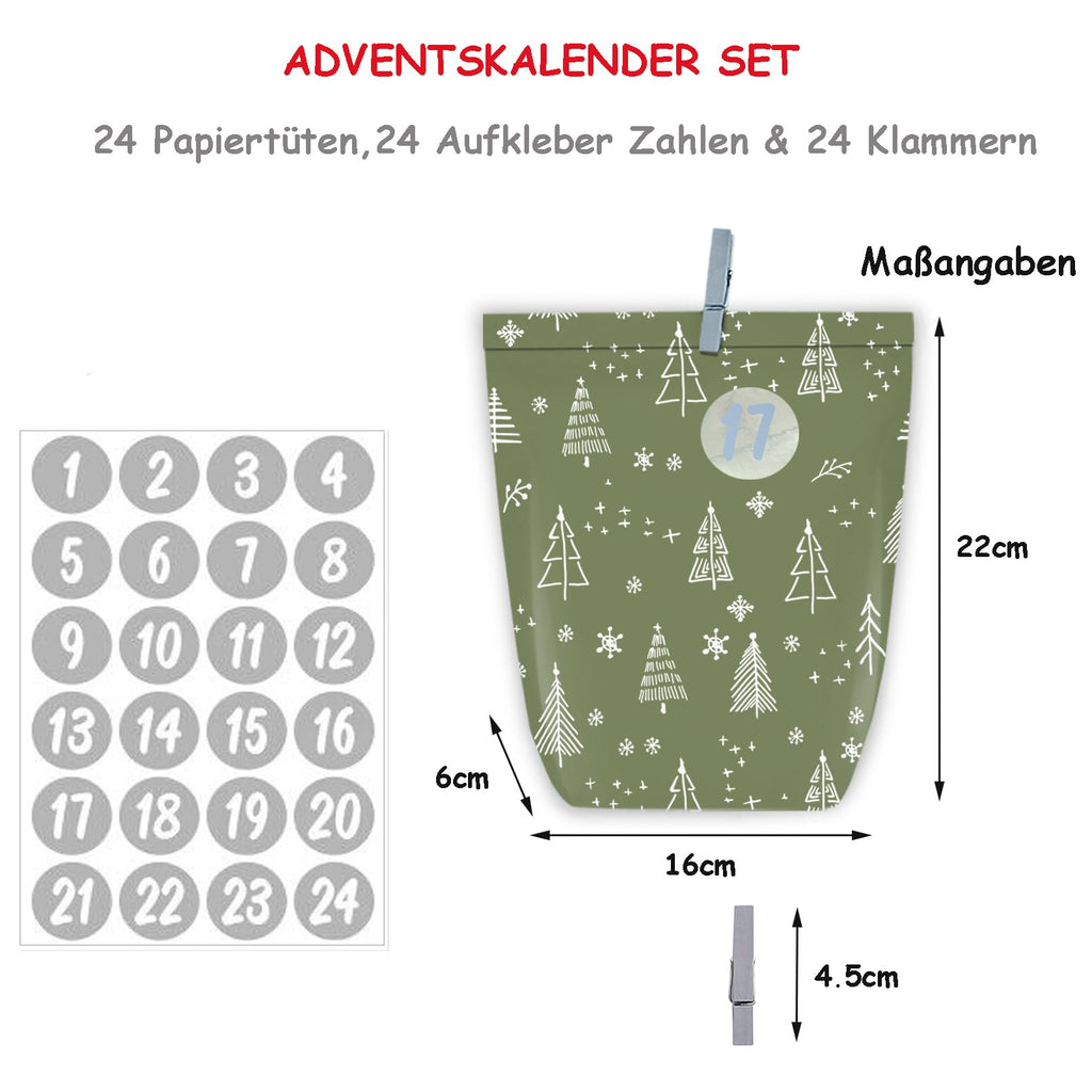 Adventskalender zum Befüllen, 24 Weihnachtskalender Papiertüten zum Selber Basteln, Geschenktüten zum selbst füllen, Advents Tüten Selbstbefüllen für Kinder & Erwachsene