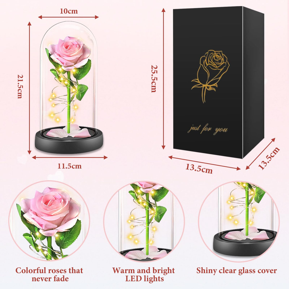BOLEi Geschenke für Frauen,Ewige Rose im Glas mit LED(Klassisch Rot Rose)