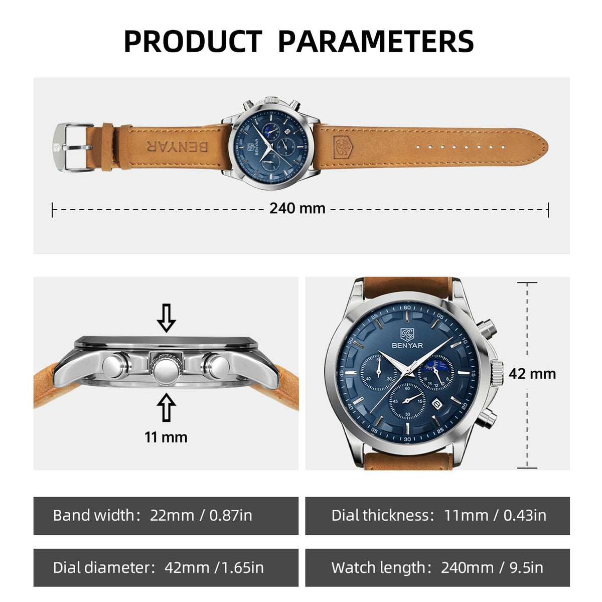BENYAR BY Uhren Herren Chronograph Analog Quarz Wasserdicht Datum Armbanduhr Herren Mode Business-Kleid Herrenuhr Elegantes Geschenk fur Männer