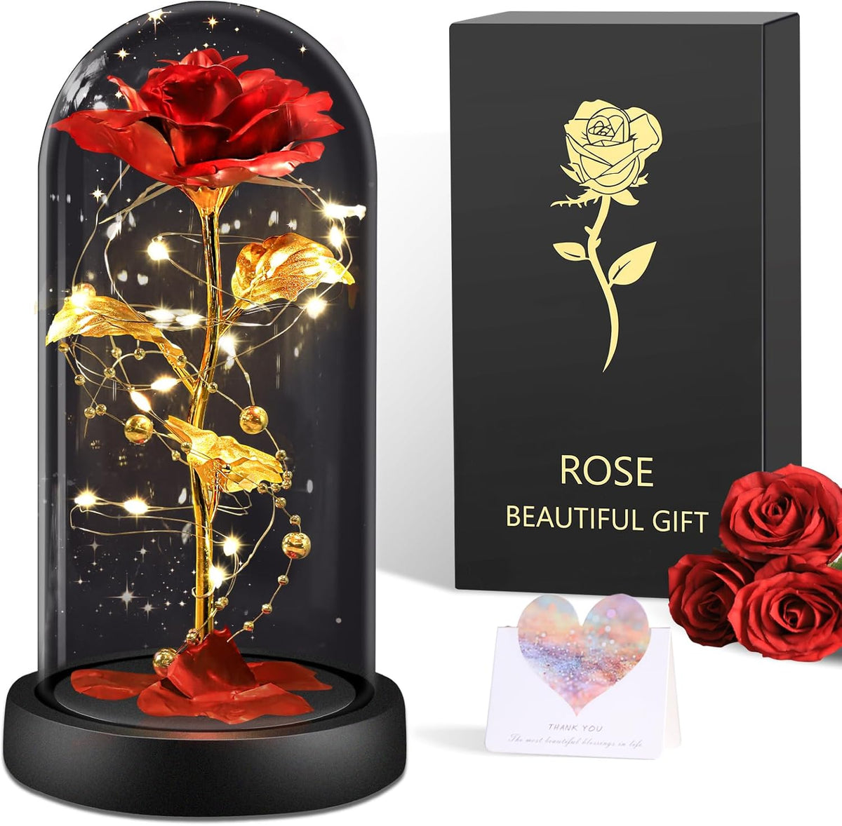 BOLEi Geschenke für Frauen,Ewige Rose im Glas mit LED(Klassisch Rot Rose)