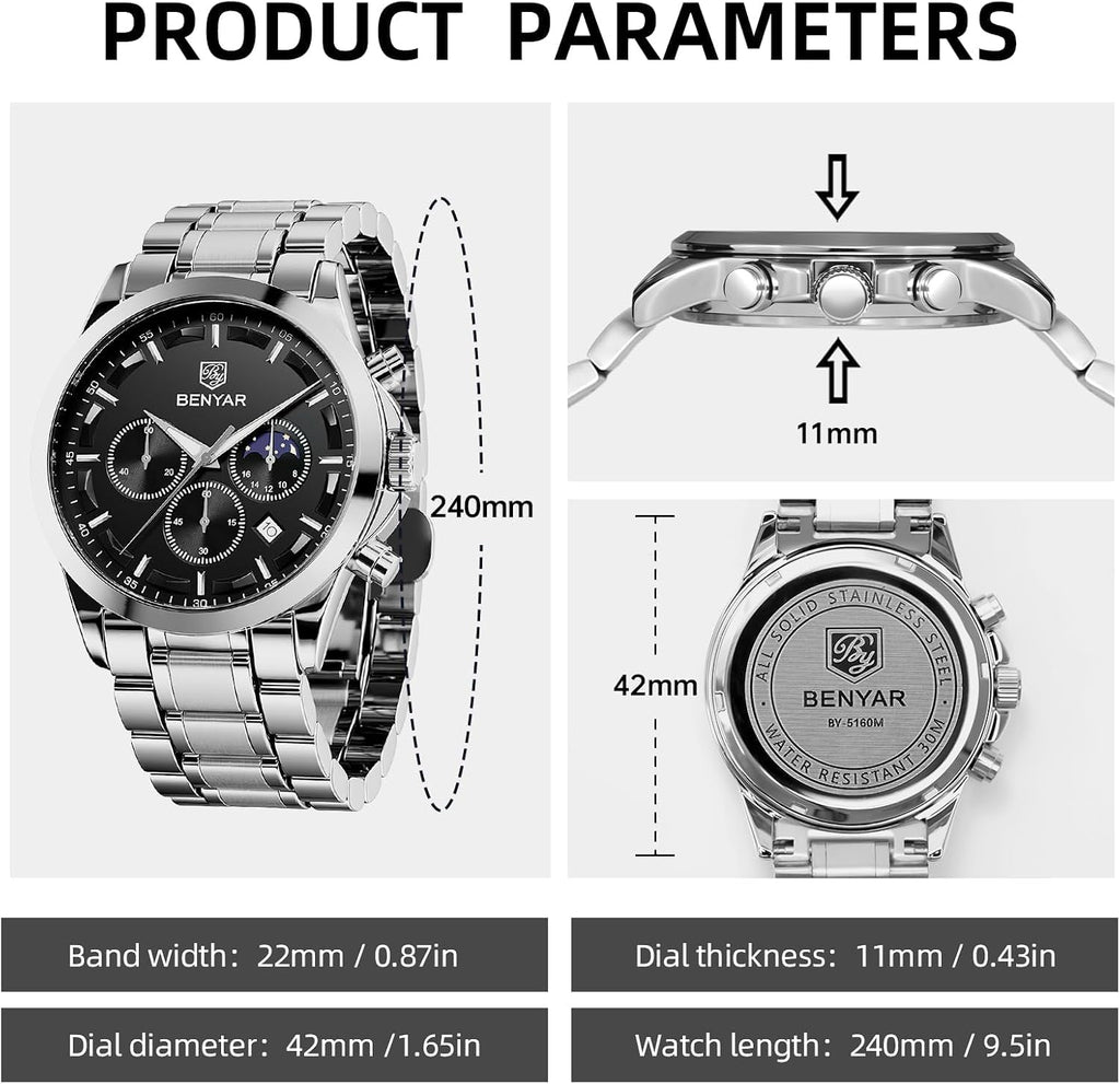 BENYAR BY Uhren Herren Chronograph Analog Quarz Wasserdicht Datum Armbanduhr Herren Mode Business-Kleid Herrenuhr Elegantes Geschenk fur Männer