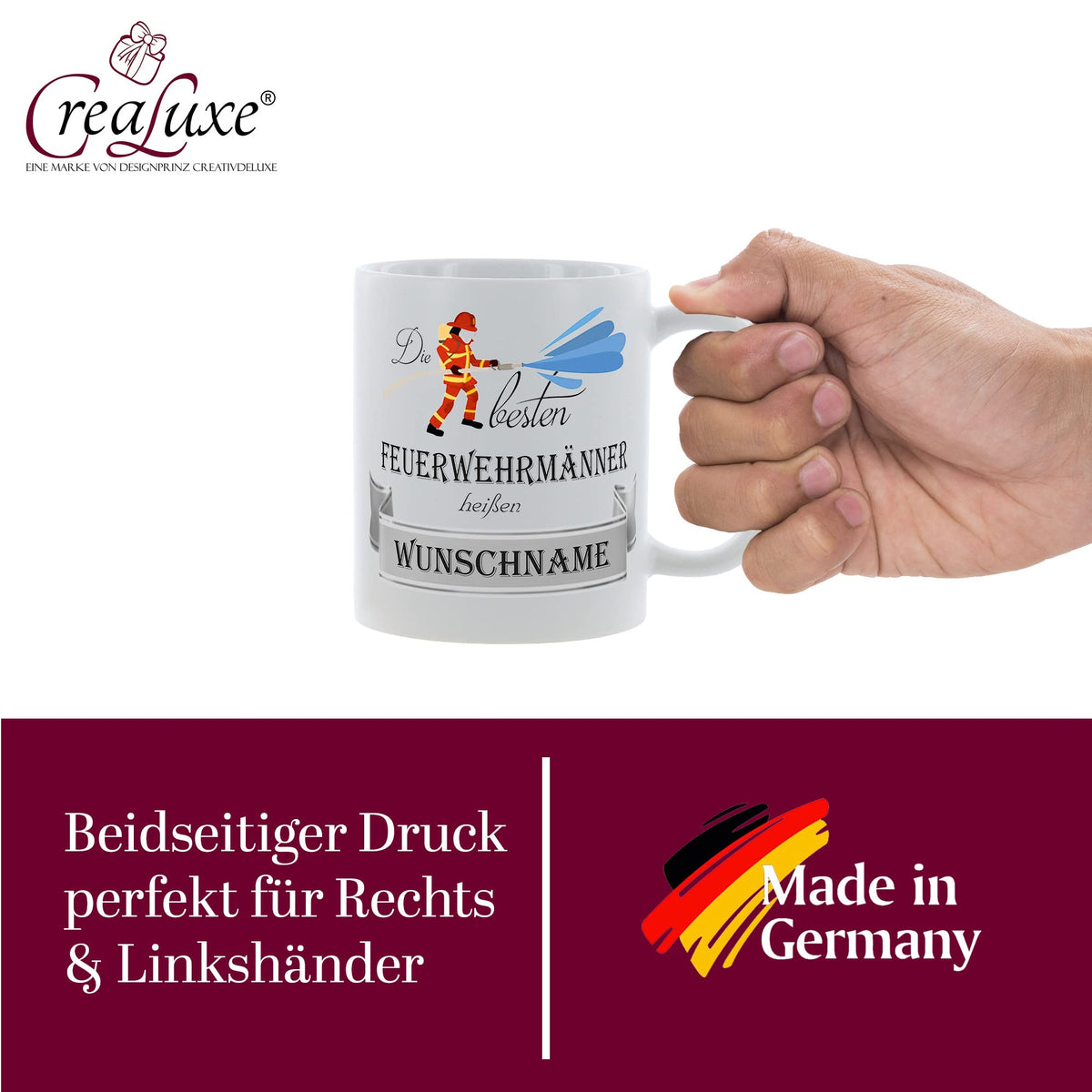 Crealuxe Edelstahltasse mit Karabiner - Die besten Feuerwehrmänner heißen Wunschname - 330ml, Tasse personalisiert, Kaffeetasse, Bürotasse, Metalltasse mit Name