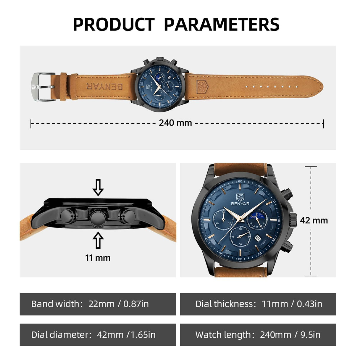 BENYAR BY Uhren Herren Chronograph Analog Quarz Wasserdicht Datum Armbanduhr Herren Mode Business-Kleid Herrenuhr Elegantes Geschenk fur Männer