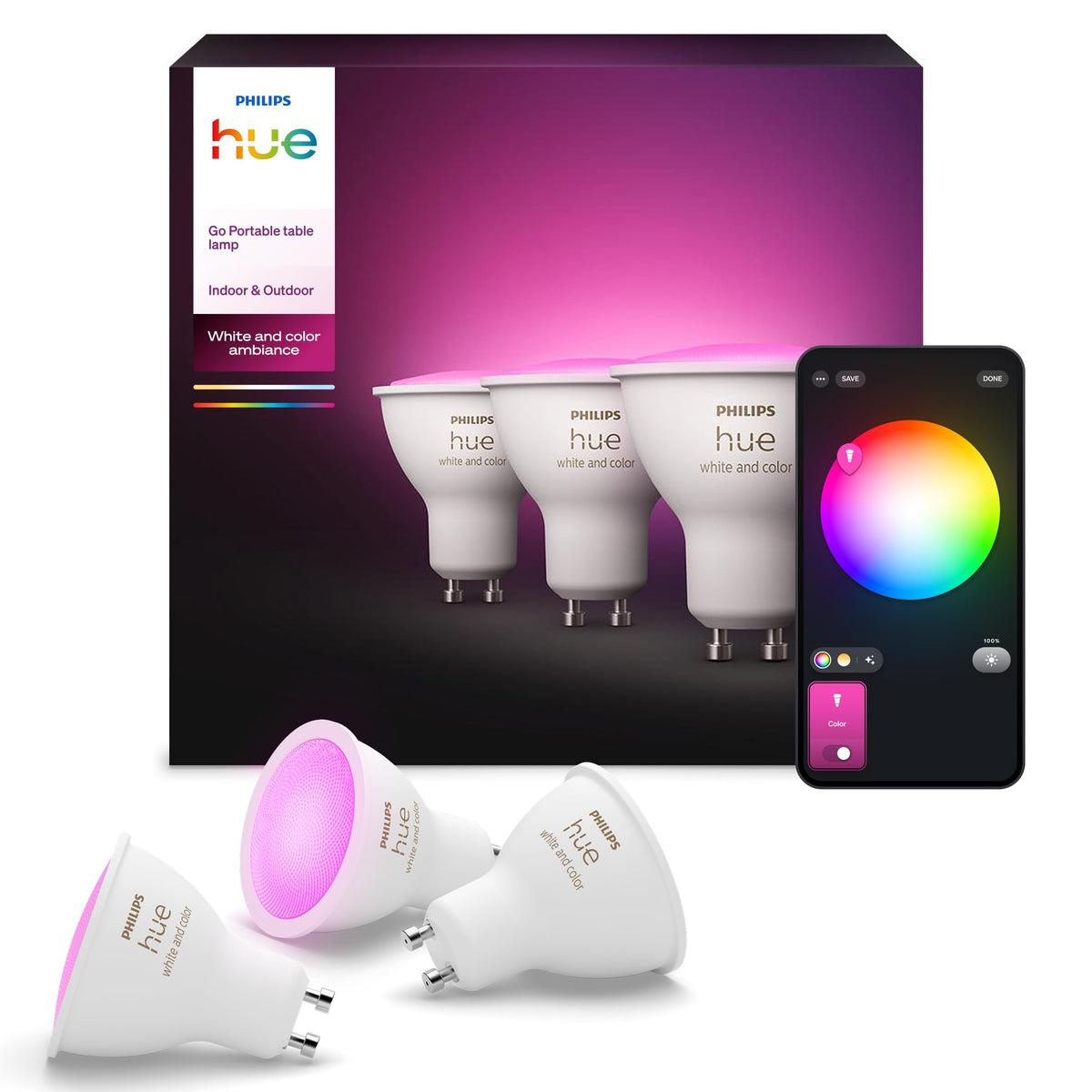 Philips Hue White & Color Ambiance GU10 LED Spot 3er Pack (350 lm), dimmbare LED Lampen für das Hue Lichtsystem mit 16 Mio. Farben, smarte Lichtsteuerung über Sprache und App