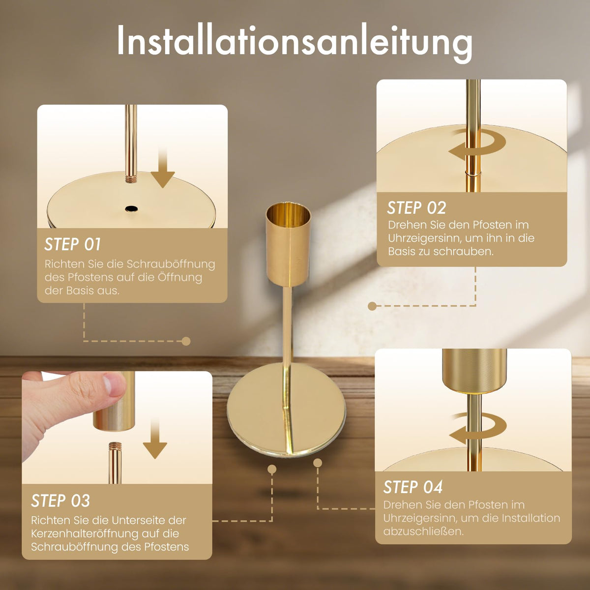 ALULU 8 Stück goldene Kerzenständer aus Metall für Stabkerzen Ø 2,2 cm