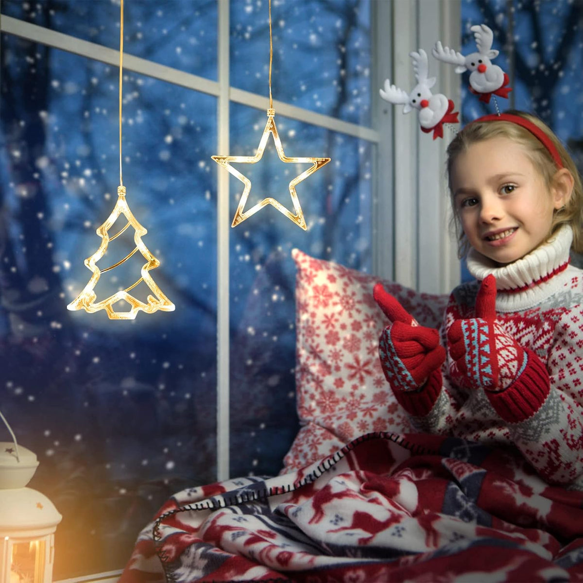 Jsdoin Stern Weihnachtsbaum Weihnachtsbeleuchtung, LED Weihnachtsdeko Fenster Lichter, Beleuchtet mit Batteriebetriebene, Timer, Lichterkette für Weihnachten Deko, Balkon (Stern und Weihnachtsbaum)