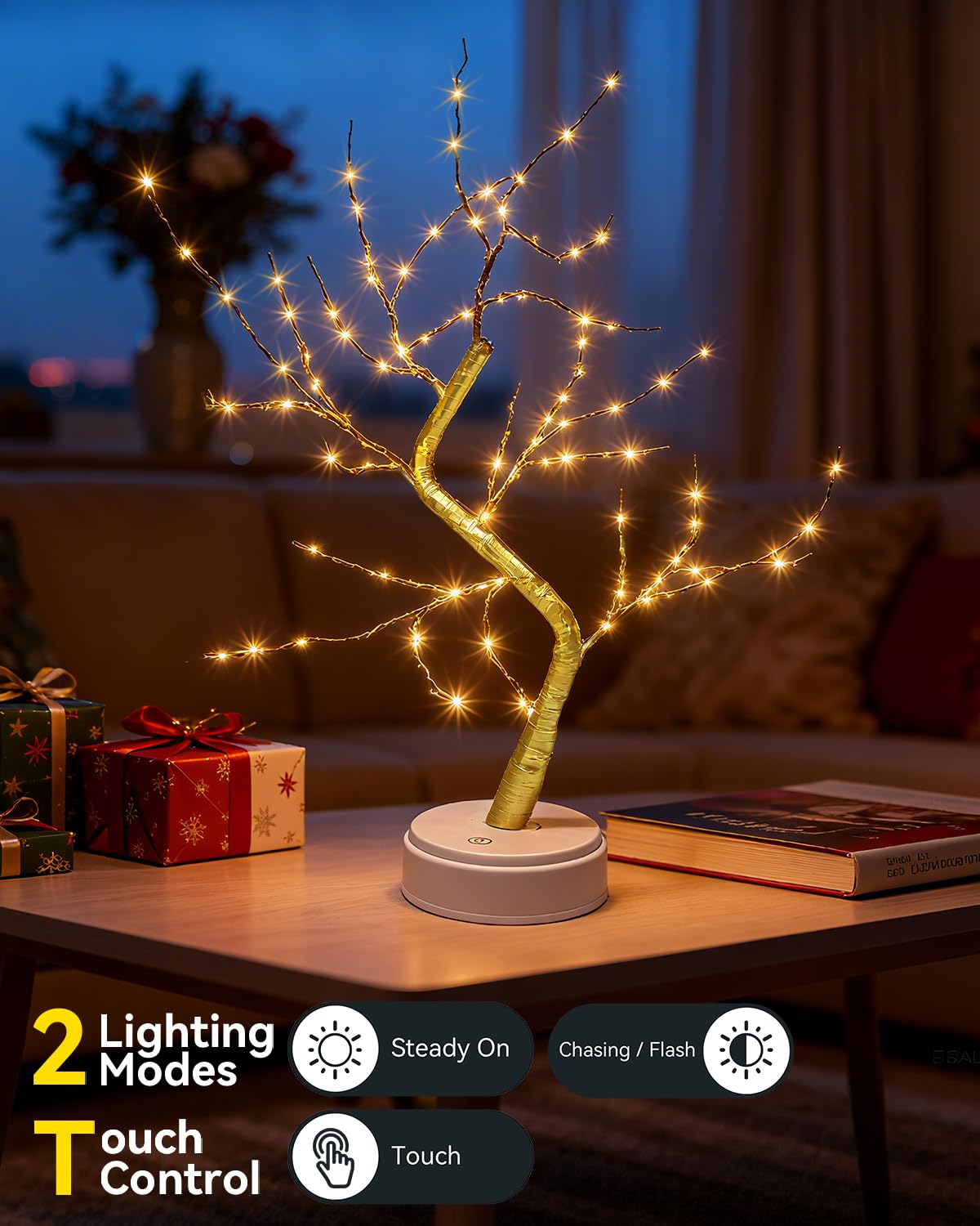Kinamy LED Baum Lichter, LED Lichterbaum, Baum Licht Warmweiß Verstellbare Äste, 108 LED Baum Lampe Dekobaum Belichtet Baumbeleuchtung Innen Deko,USB/Batteriebetrieben
